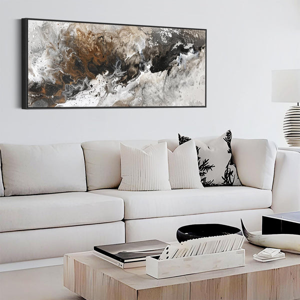 Wide Long Brown White Wall Art - Tempest - Framed Abstract Artwork