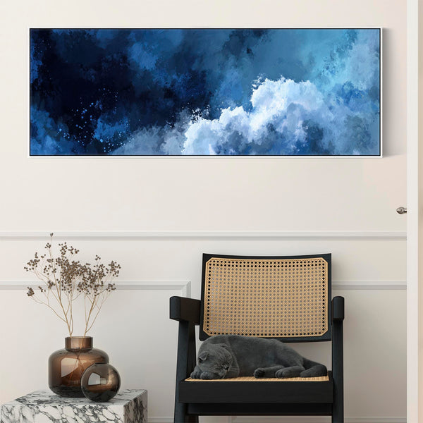 Blue White Abstract Wall Art Framed Canvas Wide Horizontal - Ocean Escape