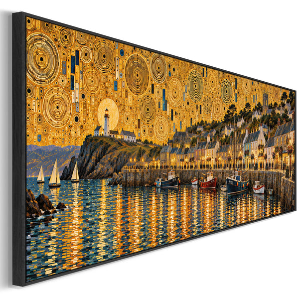 Wide Gustav Klimt inspired Long Wall Art Golden Cornish Harbour