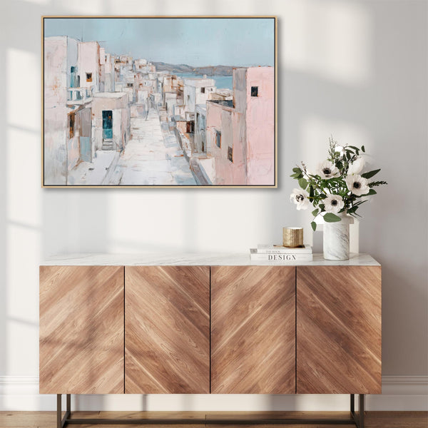 Pastel Blue Pink Framed Canvas Wall Art - Aegean Island Passage