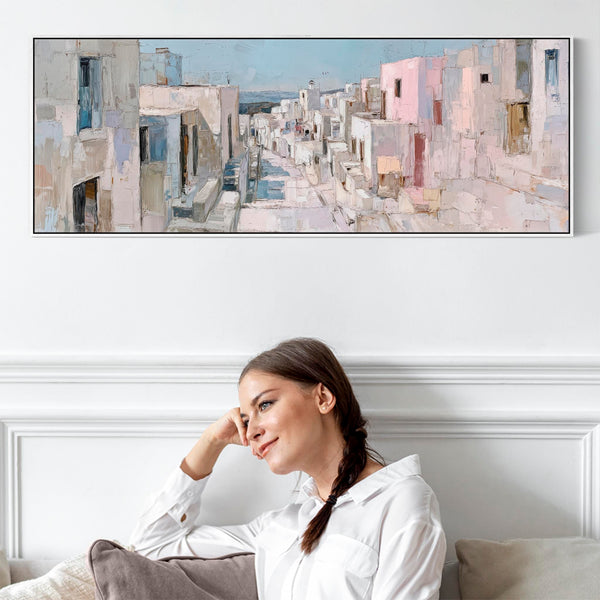 Wide Pastel Mediterranean Framed Long Wall Art -