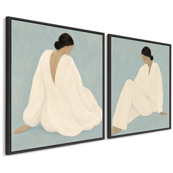 Framed Canvas Pair of Artwork - Peaceful Empowerment - White Dress - Blue - Set of 2
