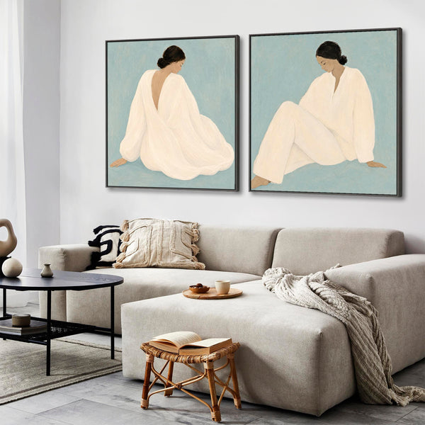 Framed Canvas Pair of Artwork - Peaceful Empowerment - White Dress - Blue - Set of 2