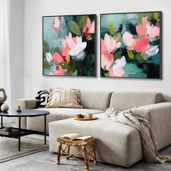 Extra Large Pair Abstract Floral Framed Canvas Art Pink Green