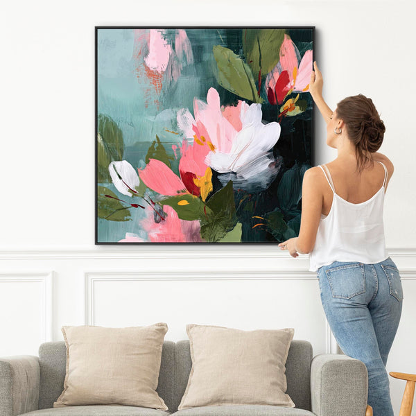 Square Pink Green Abstract Floral Canvas Framed Wall Art