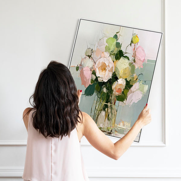 Large Pink Green Abstract Framed Canvas Wall Art - Floral Vase