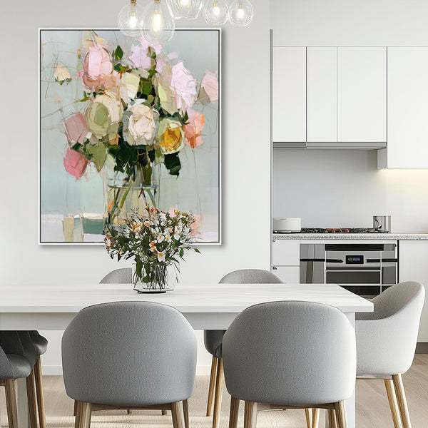 Upright Framed Canvas Wall Art - Floral Pink Green Abstract