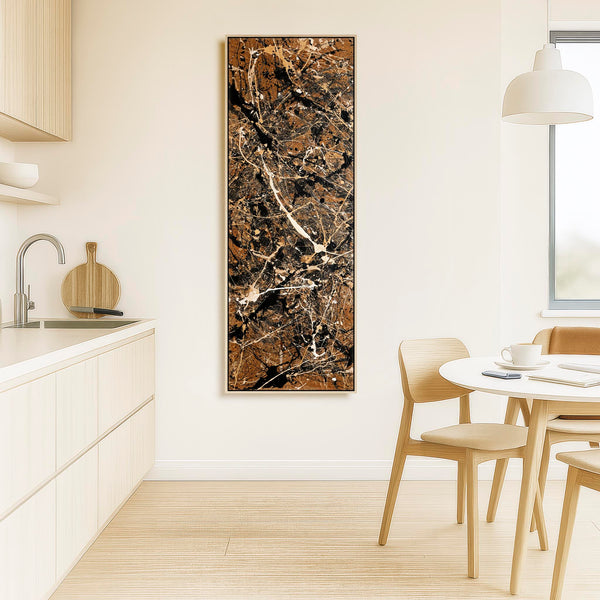 Tall Framed Upright Canvas Art - Brown Cream Abstract - Chaos