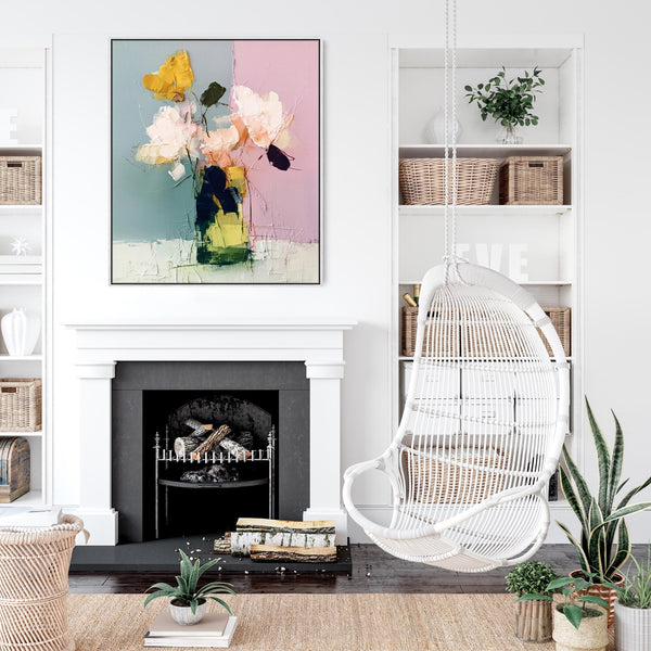Abstract Colourful Floral Vase - Pink Green Framed Canvas Artwork Print