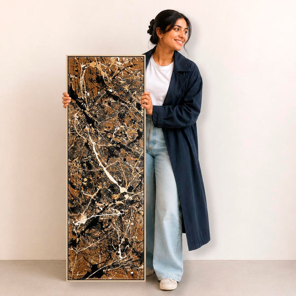 Tall Framed Upright Canvas Art - Brown Cream Abstract - Chaos