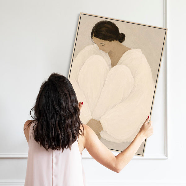 Framed Bedroom Wall Art - Serene Woman 1 - Neutral Beige
