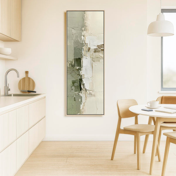Tall Sage Green Cream Framed Wall Art - Abstract Canvas - Anya