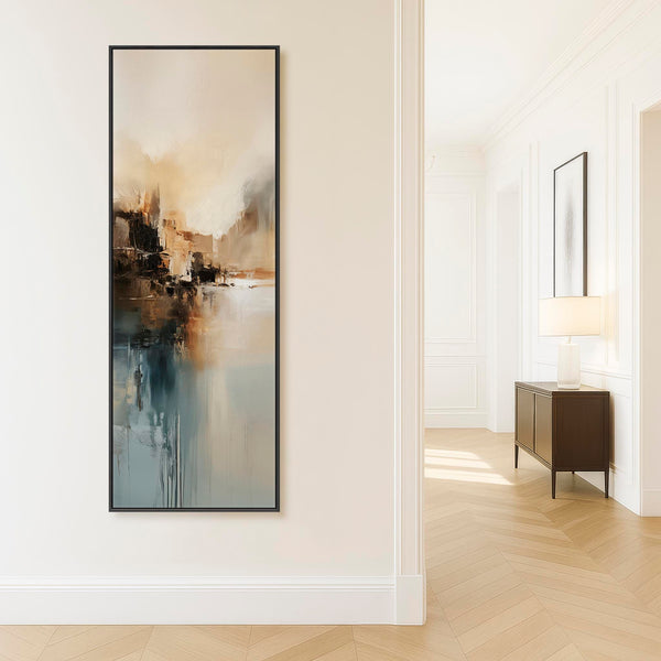 Teal Gold Framed Vertical Wall Art Canvas - Misty Calm