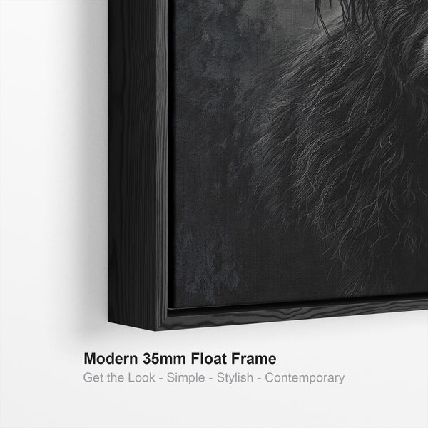 Hamish - Black and Cream Highland Cow - Framed Canvas Art Print