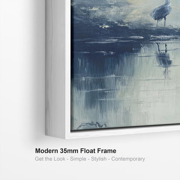 Tall Heron Bird Lake Framed Canvas Wall Art - Misty Blue Grey
