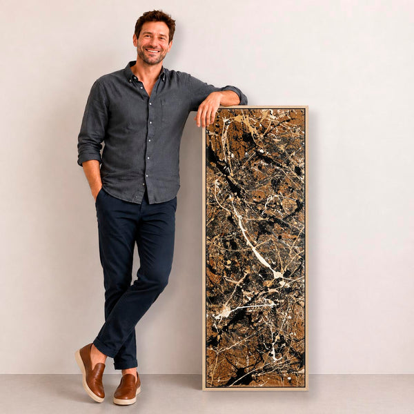 Tall Framed Upright Canvas Art - Brown Cream Abstract - Chaos