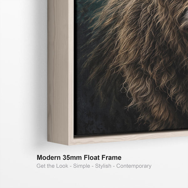 Morag - Blonde Cream Highland Cow - Teal Framed Canvas Print