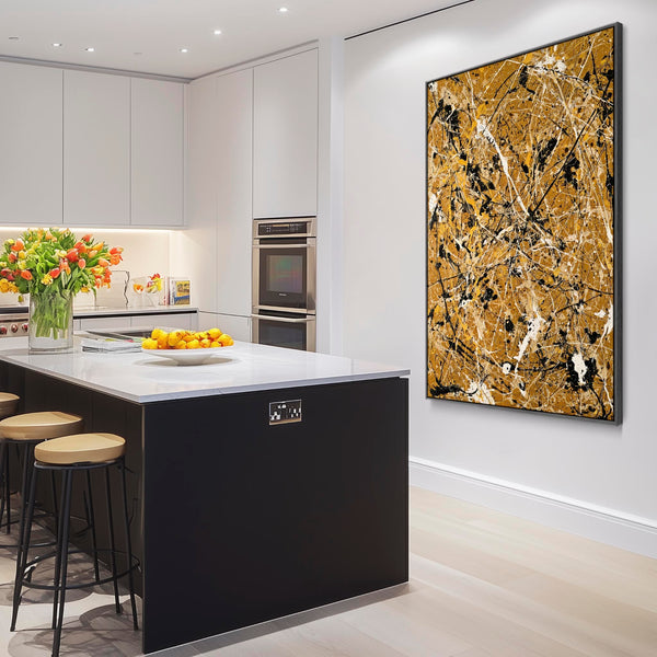 Mustard Yellow Abstract Framed Canvas Art Jackson Pollock Style