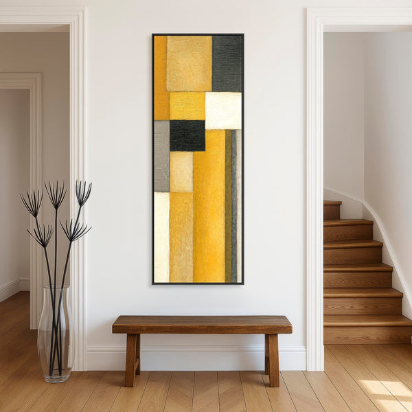 Upright Mustard Yellow Grey Vertical Framed Canvas Wall Art - Narrow Steps
