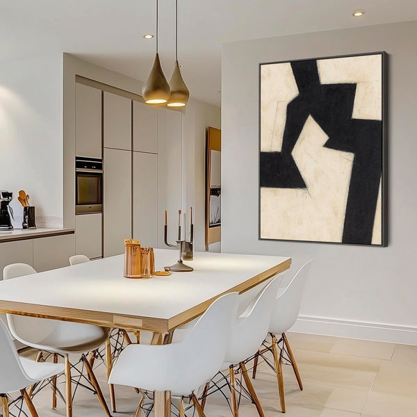 Beige Black Abstract Framed Artwork - Neutral Fracture