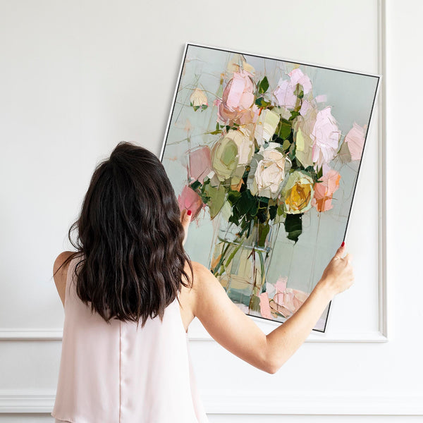 Upright Framed Canvas Wall Art - Floral Pink Green Abstract