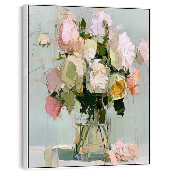 Upright Framed Canvas Wall Art - Floral Pink Green Abstract
