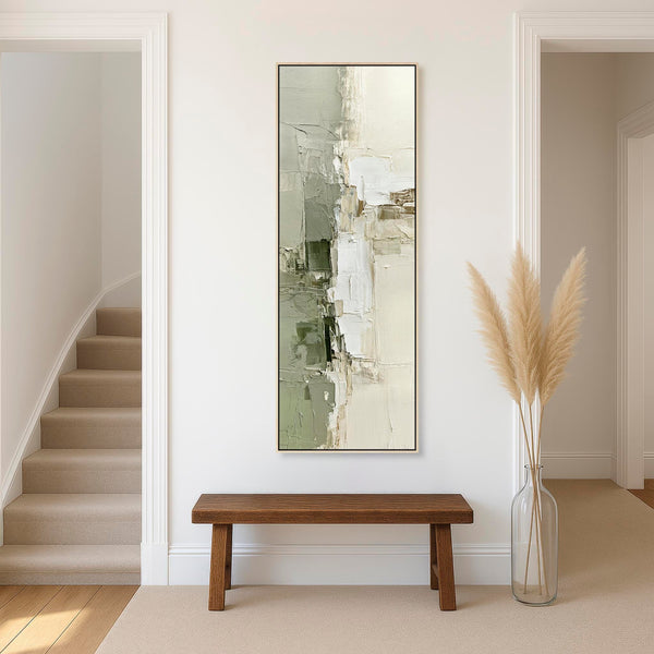 Tall Sage Green Cream Framed Wall Art - Abstract Canvas - Anya
