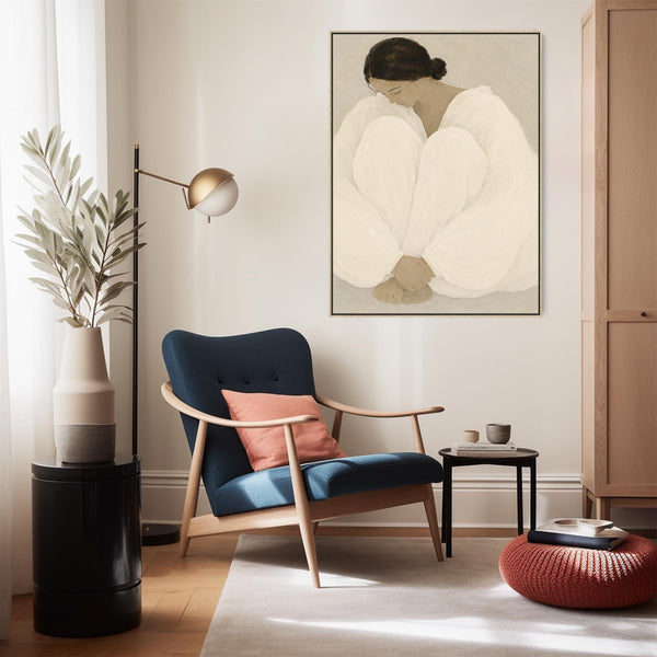 Framed Bedroom Wall Art - Serene Woman 1 - Neutral Beige
