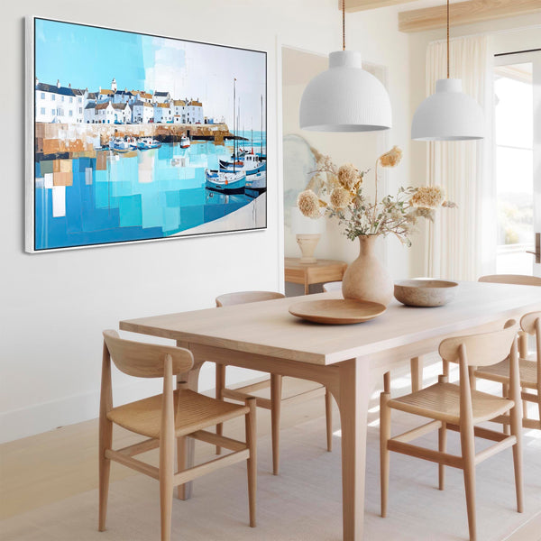 Kitchen Canvas Wall Art - Framed Cornish Coastal Artwork in Blue