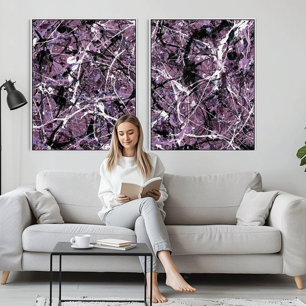 Plum Lilac White Framed Pair 2 Canvases - Jackson Polloc Style