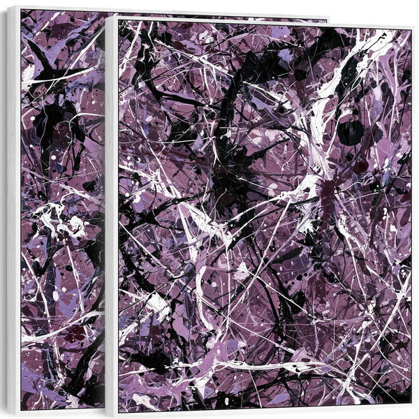 Plum Lilac White Framed Pair 2 Canvases - Jackson Polloc Style
