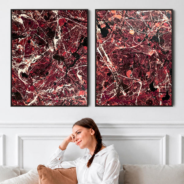 Pair XL Burgundy Framed Wall Art Abstract Expression Set 2