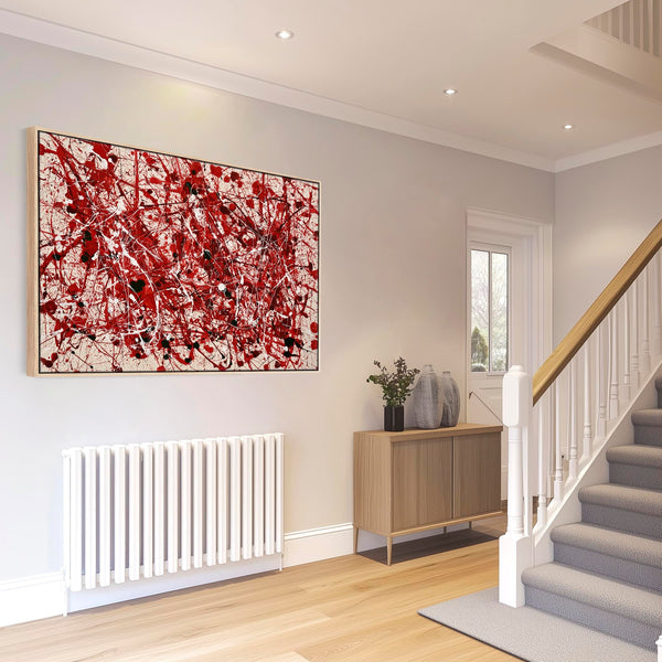 Large Red Cream Framed Jackson Pollock Drip Style Canvas Art