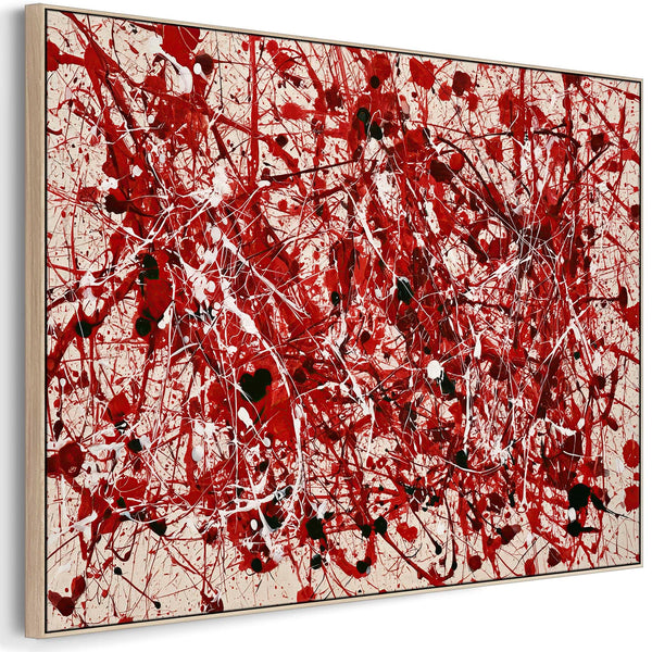 Large Red Cream Framed Jackson Pollock Drip Style Canvas Art