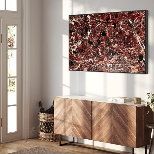 Large Framed Jackson Pollock Style Canvas Art - Maroon Splash