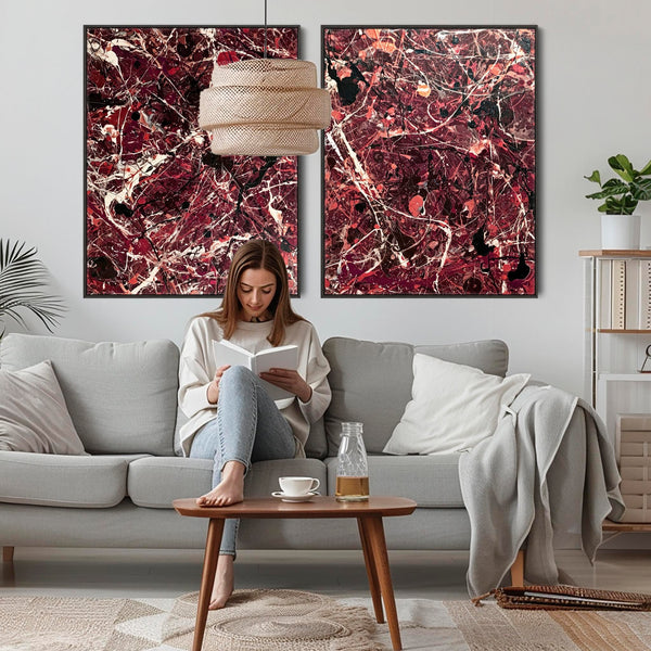 Pair XL Burgundy Framed Wall Art Abstract Expression Set 2