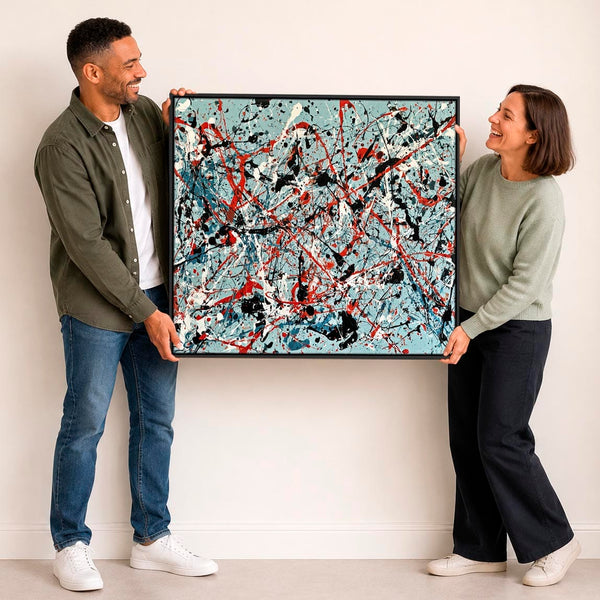 Framed Abstract Canvas Duck Egg Blue Jackson Pollock Style Art