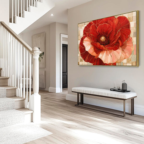 Large Red Gold Cream Floral Gustav Klimt inspired Framed Canvas
