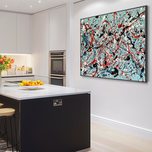 Framed Abstract Canvas Duck Egg Blue Jackson Pollock Style Art
