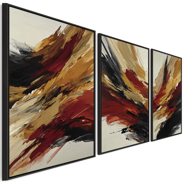 Rust Red Mustard Set of 3 Abstract Framed Canvas - Fiery Strokes