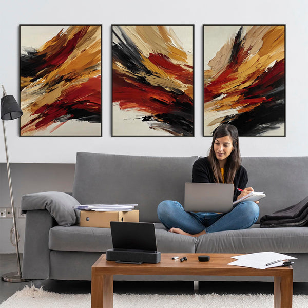 Rust Red Mustard Set of 3 Abstract Framed Canvas - Fiery Strokes