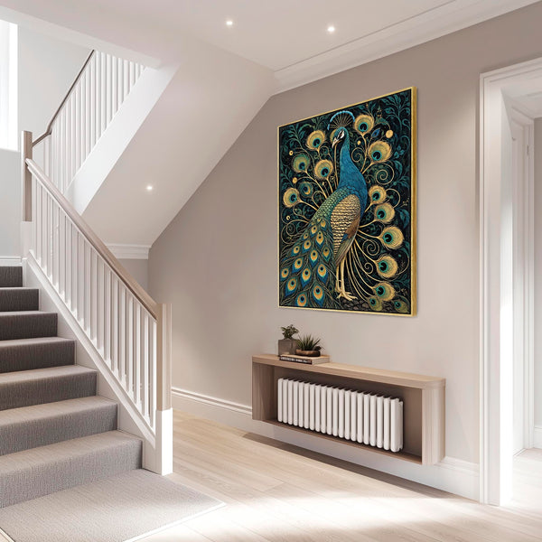 Regalia - Navy & Gold Peacock Framed Maximalist Canvas Artwork