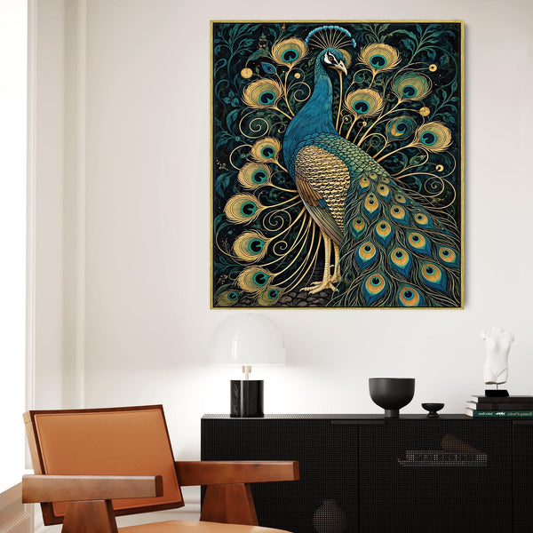 Regalia - Navy & Gold Peacock Framed Maximalist Canvas Artwork
