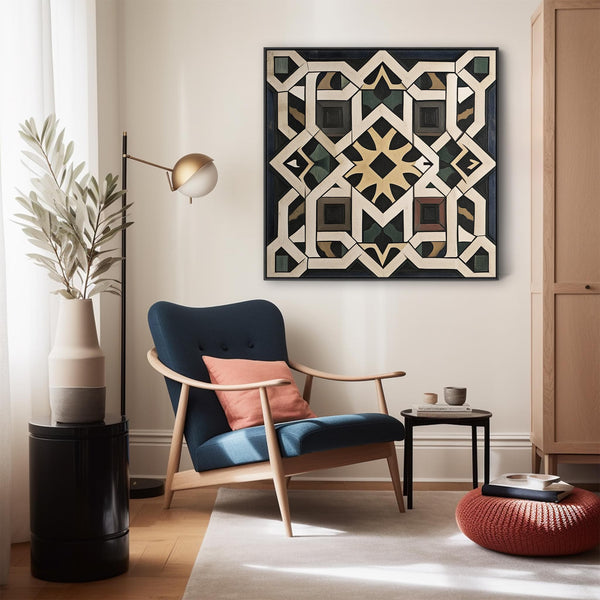 Riad Moroccan Moorish Framed Canvas Art - Black Cream Abstract