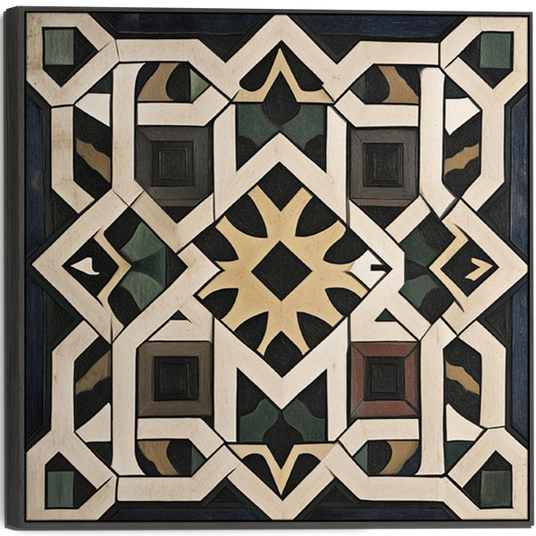 Riad Moroccan Moorish Framed Canvas Art - Black Cream Abstract