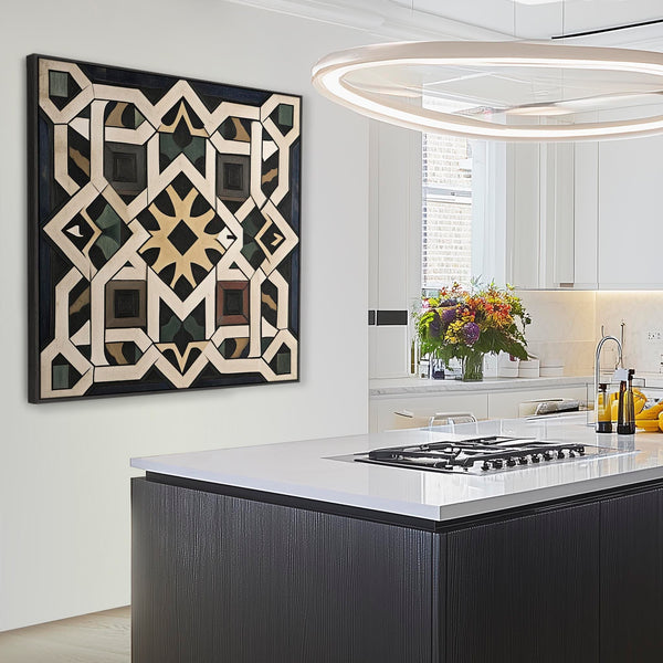 Riad Moroccan Moorish Framed Canvas Art - Black Cream Abstract