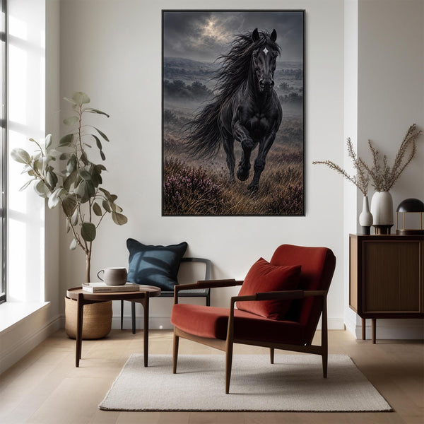 Black Running Friesian Horse Framed Canvas - Homeward Bound