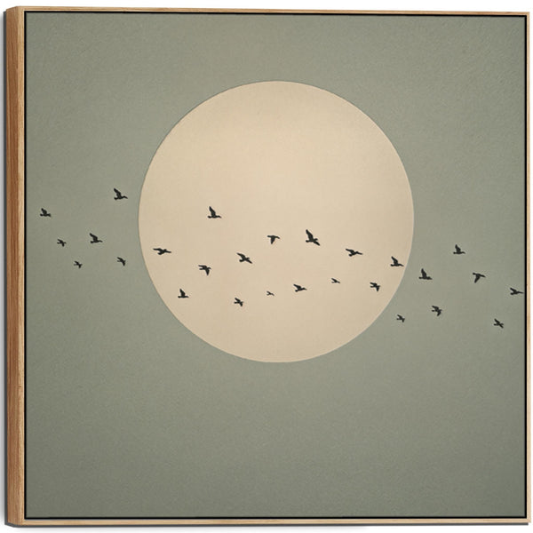 Japandi Moon Framed Canvas Sage Green Birds - Quiet Flight