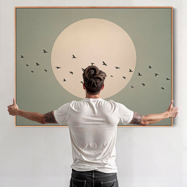 Japandi Birds Framed Canvas Sage Green Moon - Onward Flight