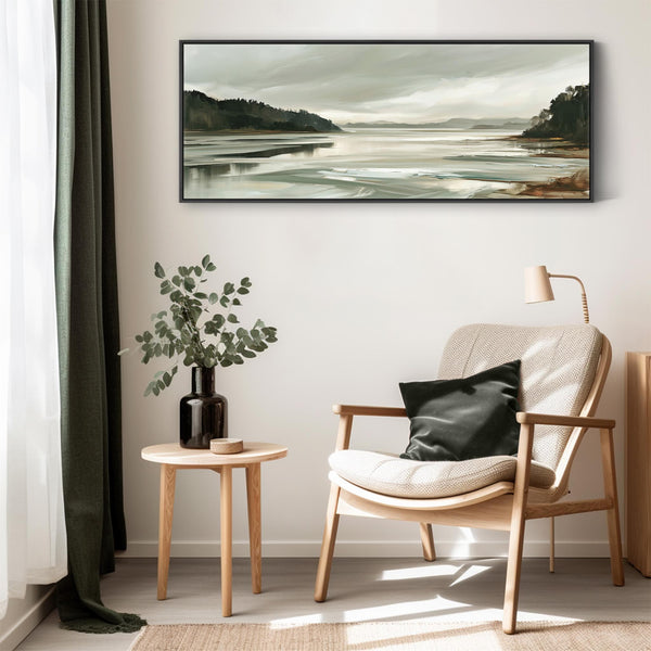 Wide Sage Green Grey Framed long Canvas Print - Alnmouth Drift
